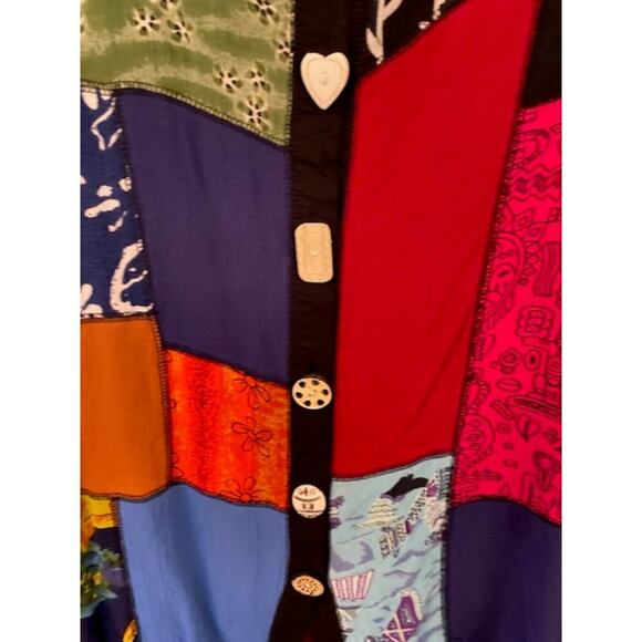 La Cera Tunic Blouse Womens Medium Artsy Wooden Button Patchwork Art to Wear - Picture 7 of 7